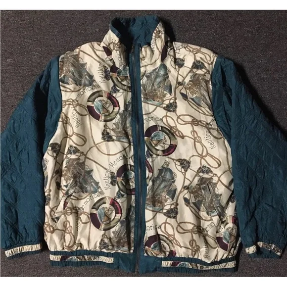 Vintage 80s Nautical Silk Bomber Jacket XL Sailing Ship Boat Vest Jacket Combo
